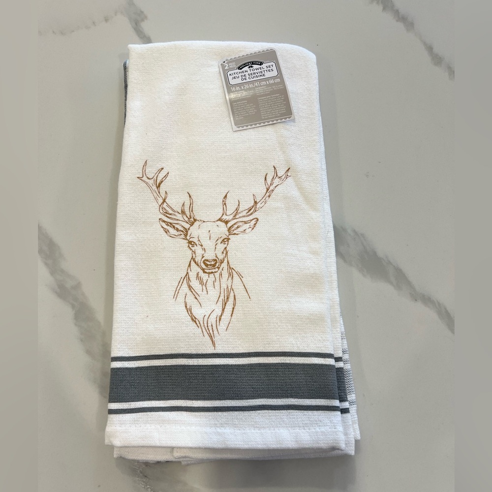 White and Gray Kitchen Towel with Deer Design